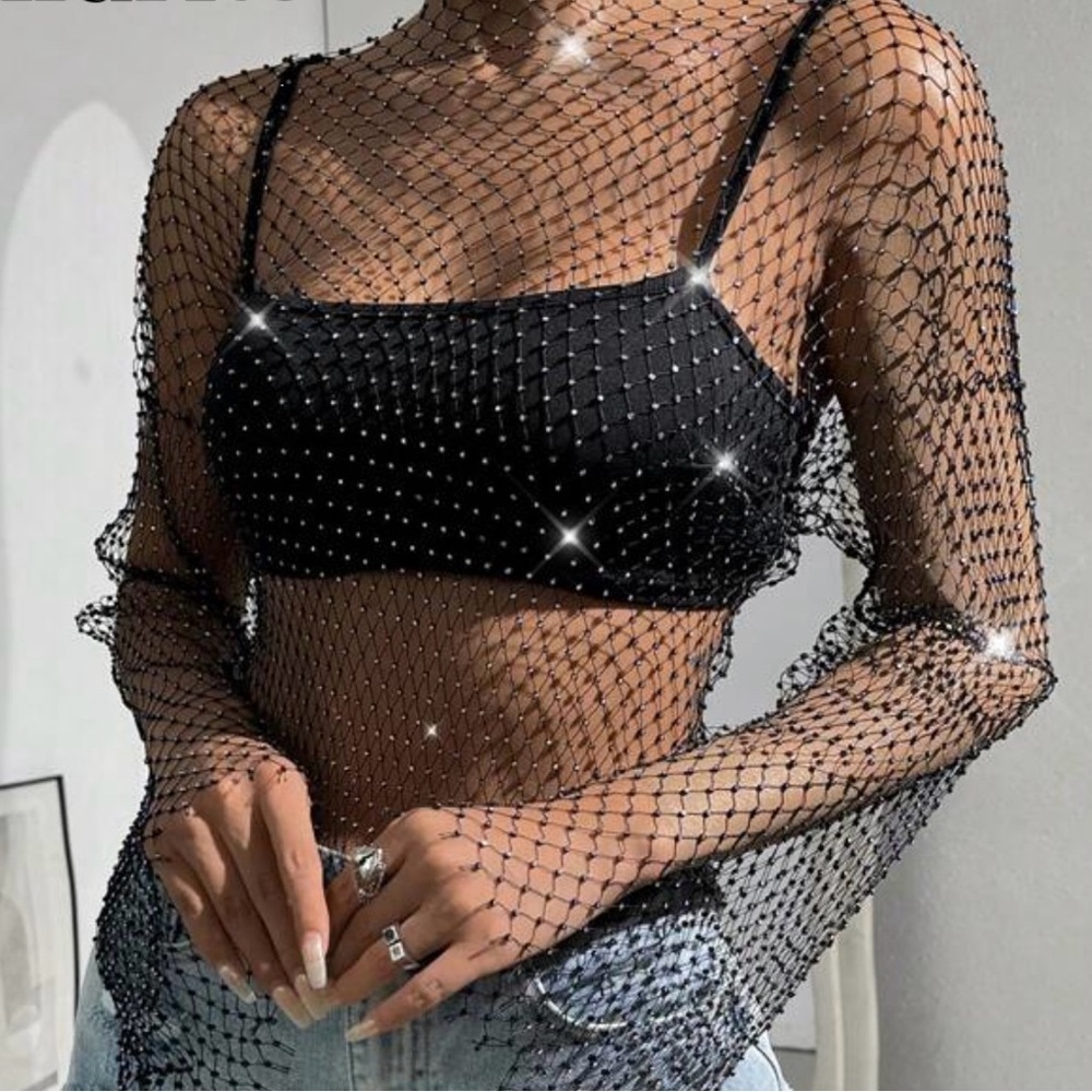 Black Mesh Rhinestone Crop Top